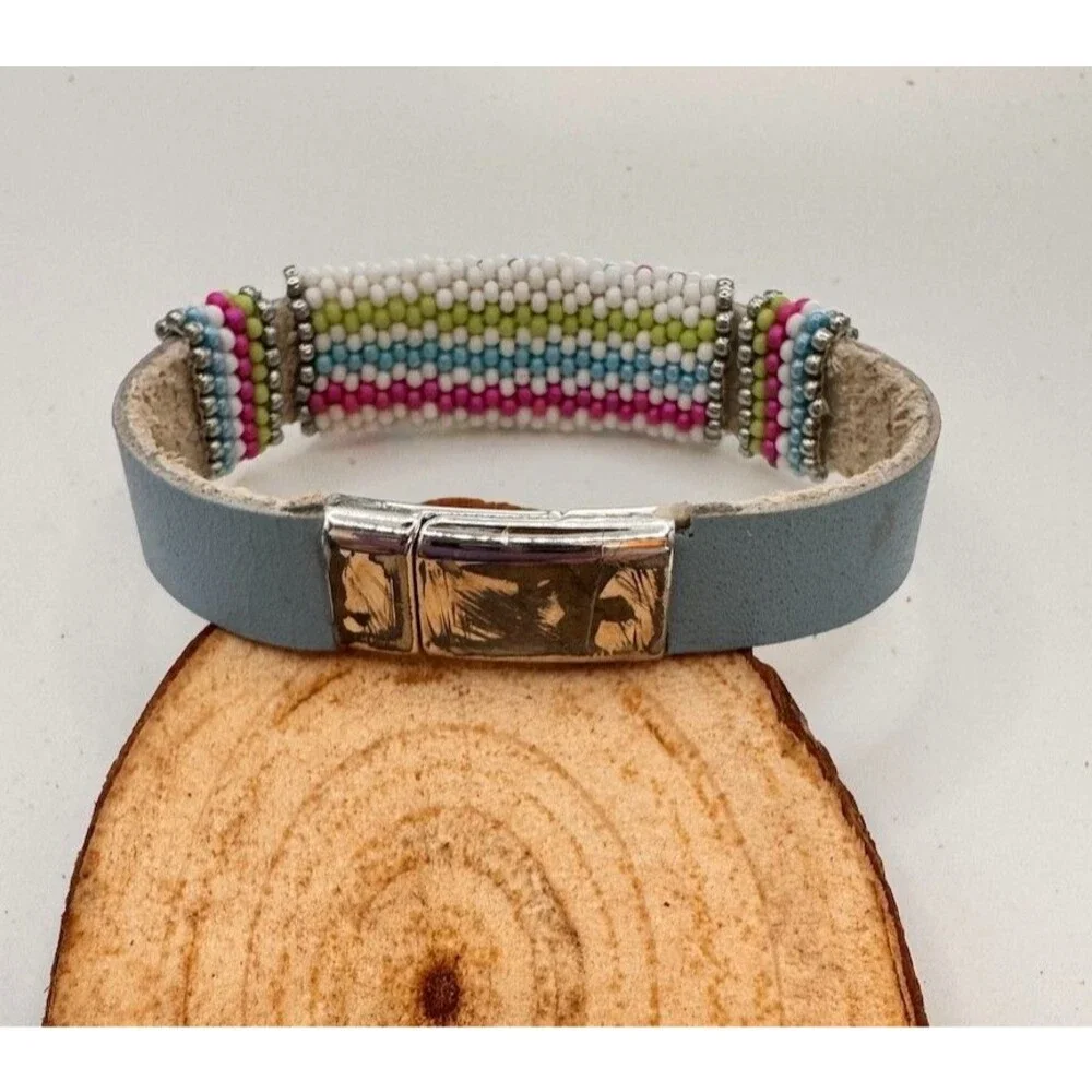 Leather Hand Beaded Bracelet Spring Colors